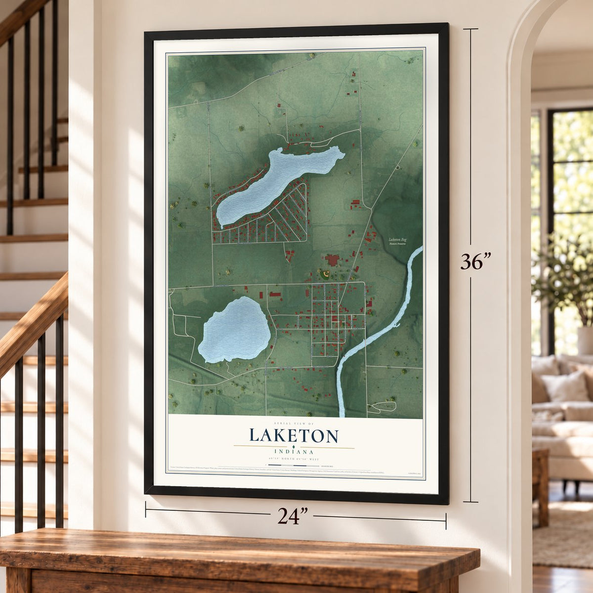 Laketon, Indiana map, 24 x 36 inch print in a black frame by a staircase