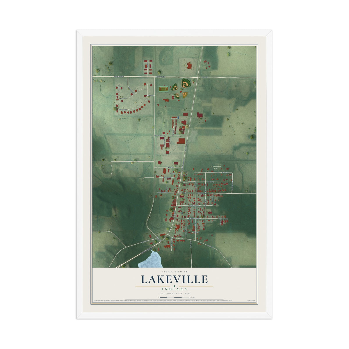 Map of Lakeville, Indiana, 12 x 18 inch print in a white wood frame
