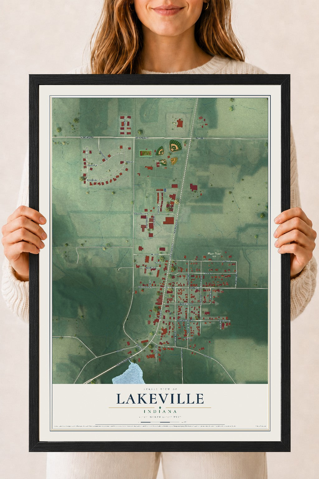 Map of Lakeville, Indiana, 18 x 24 inch print in a black wood frame