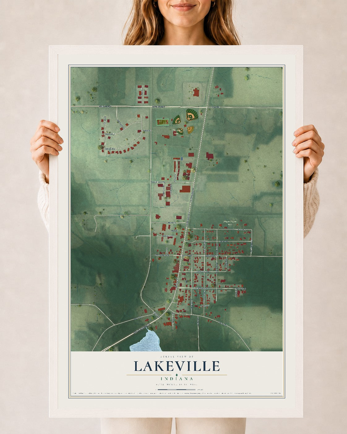Map of Lakeville, Indiana, 24 x 36 inch print in a white wood frame