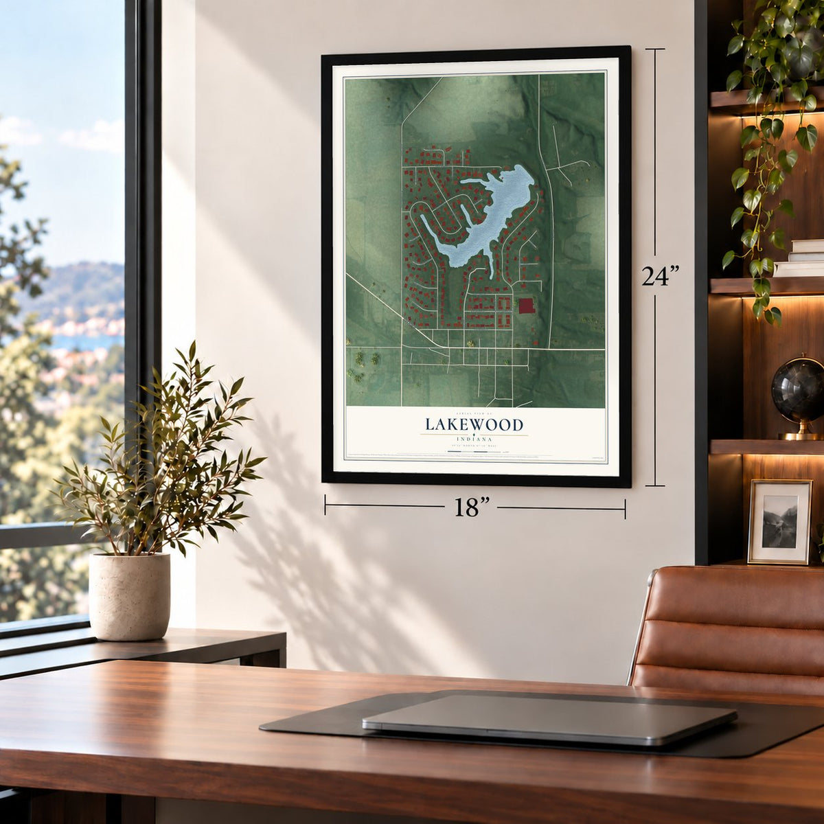 Lakewood, Indiana map, 18 x 24 inch print in a black frame in a home office
