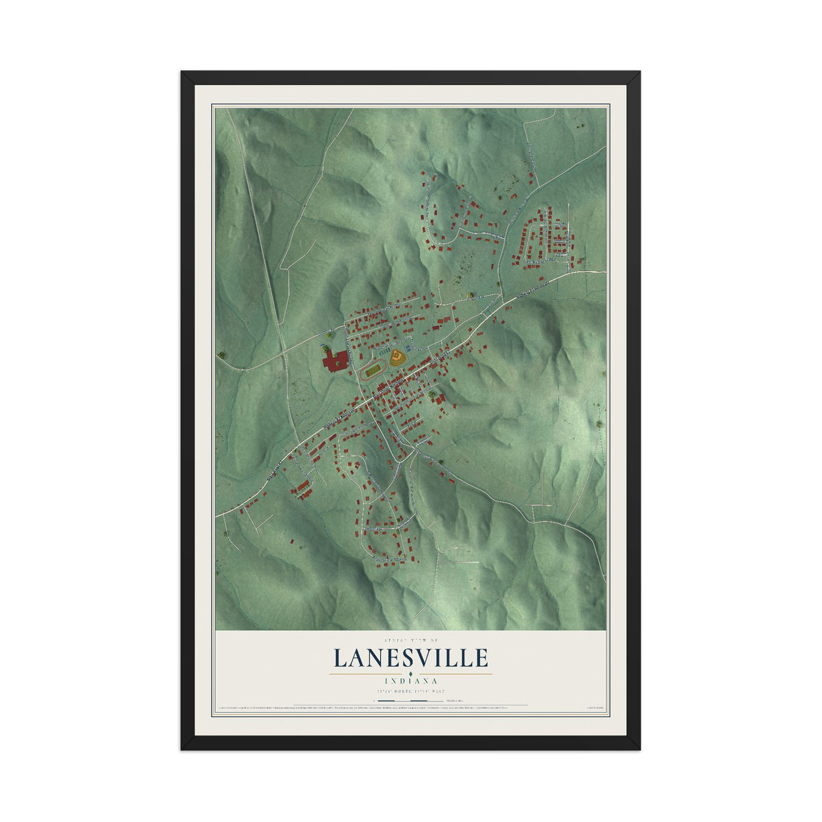 Map of Lanesville, Indiana, 12 x 18 inch print in a black wood frame