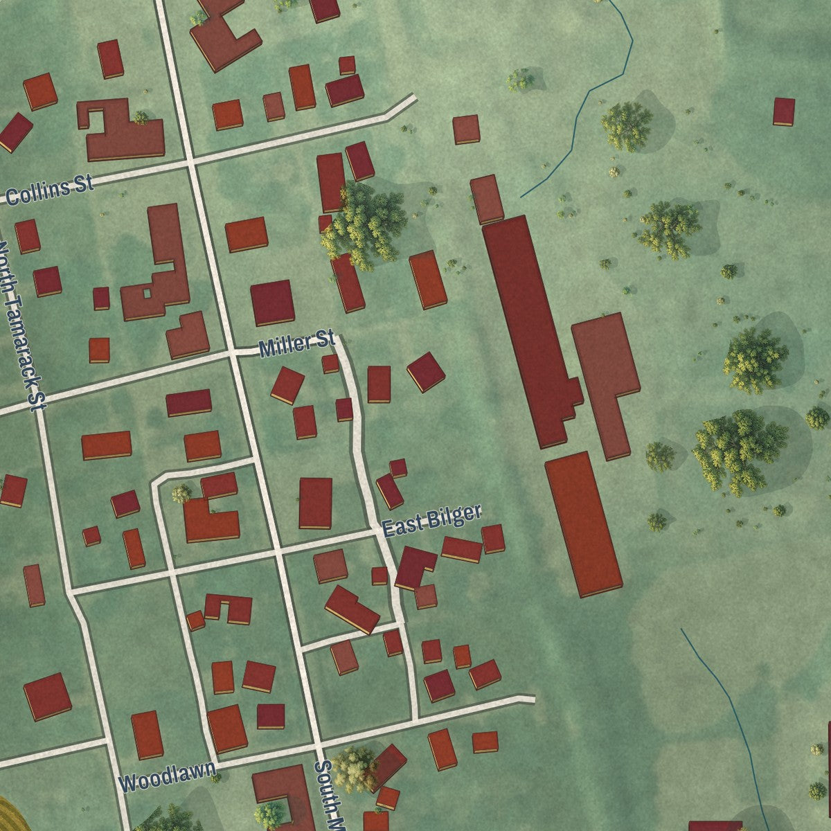 Close-up of the map of Laotto, Indiana print showing street and building detail