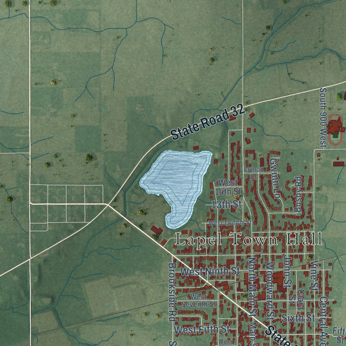 Close-up of the map of Lapel, Indiana print showing street and building detail