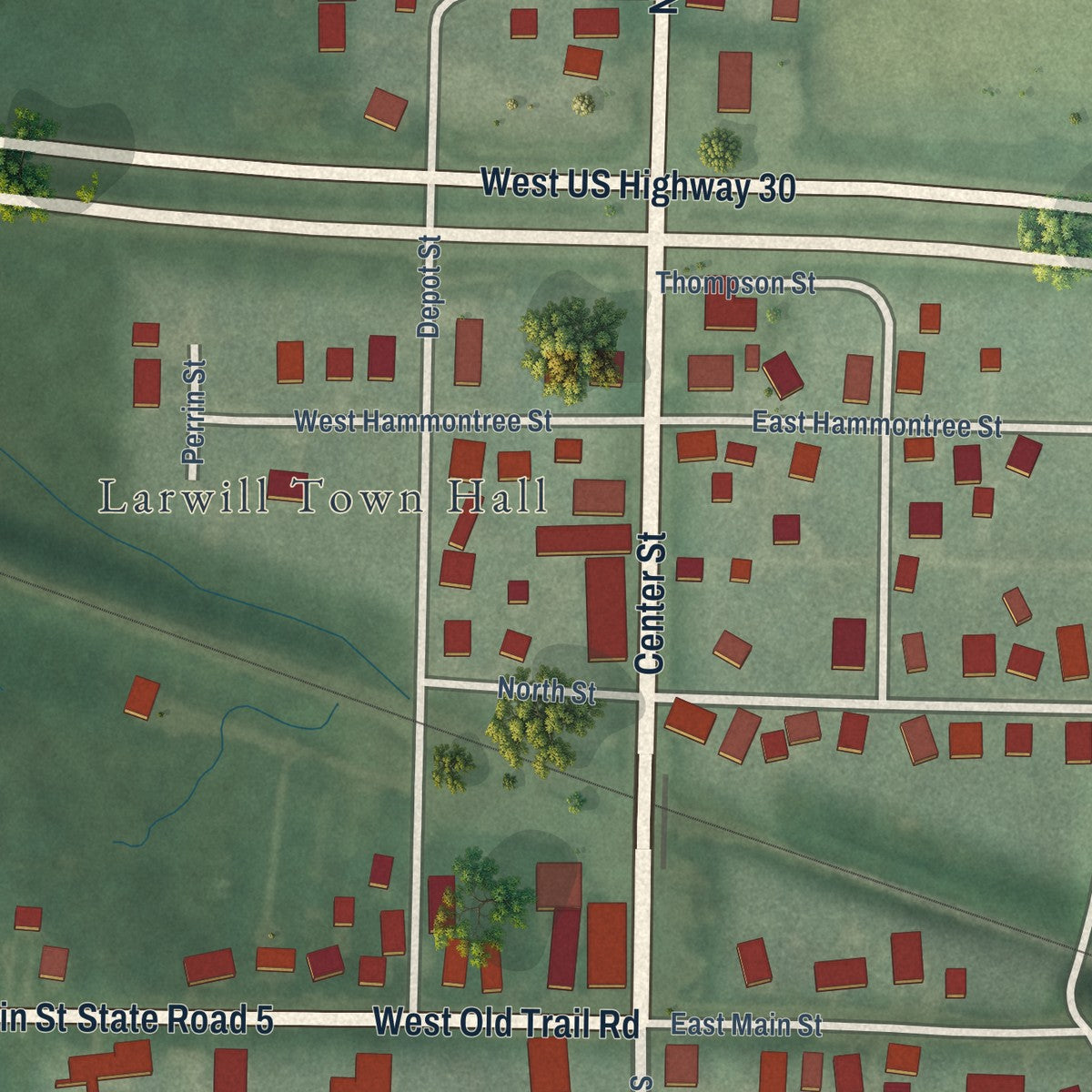 Close-up of the map of Larwill, Indiana print showing street and building detail