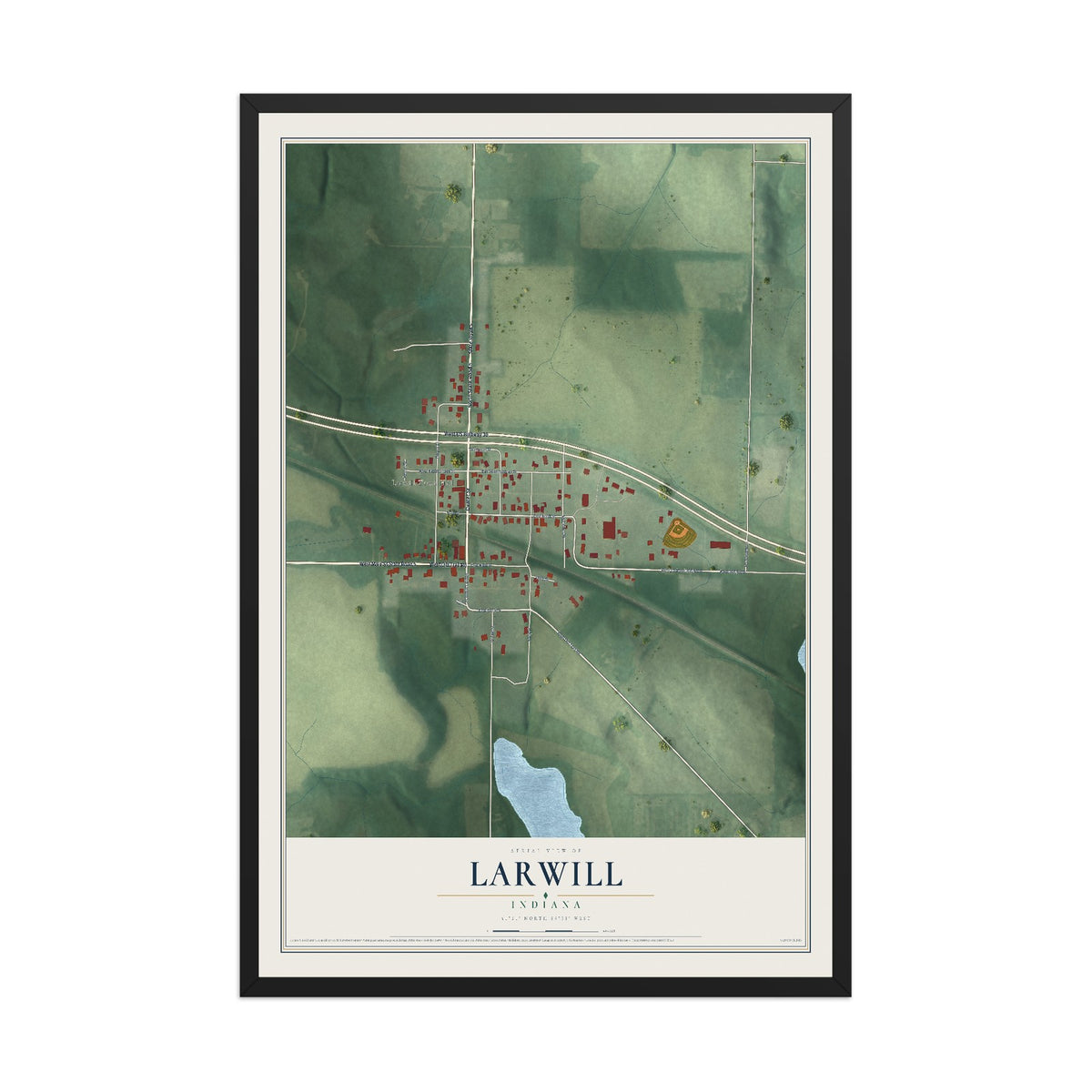 Map of Larwill, Indiana, 12 x 18 inch print in a black wood frame