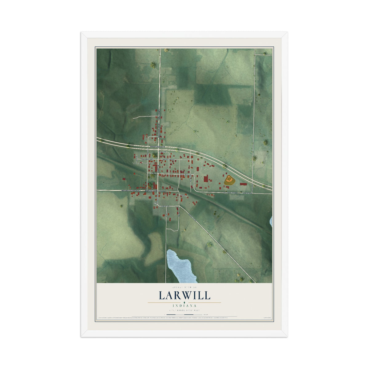 Map of Larwill, Indiana, 12 x 18 inch print in a white wood frame