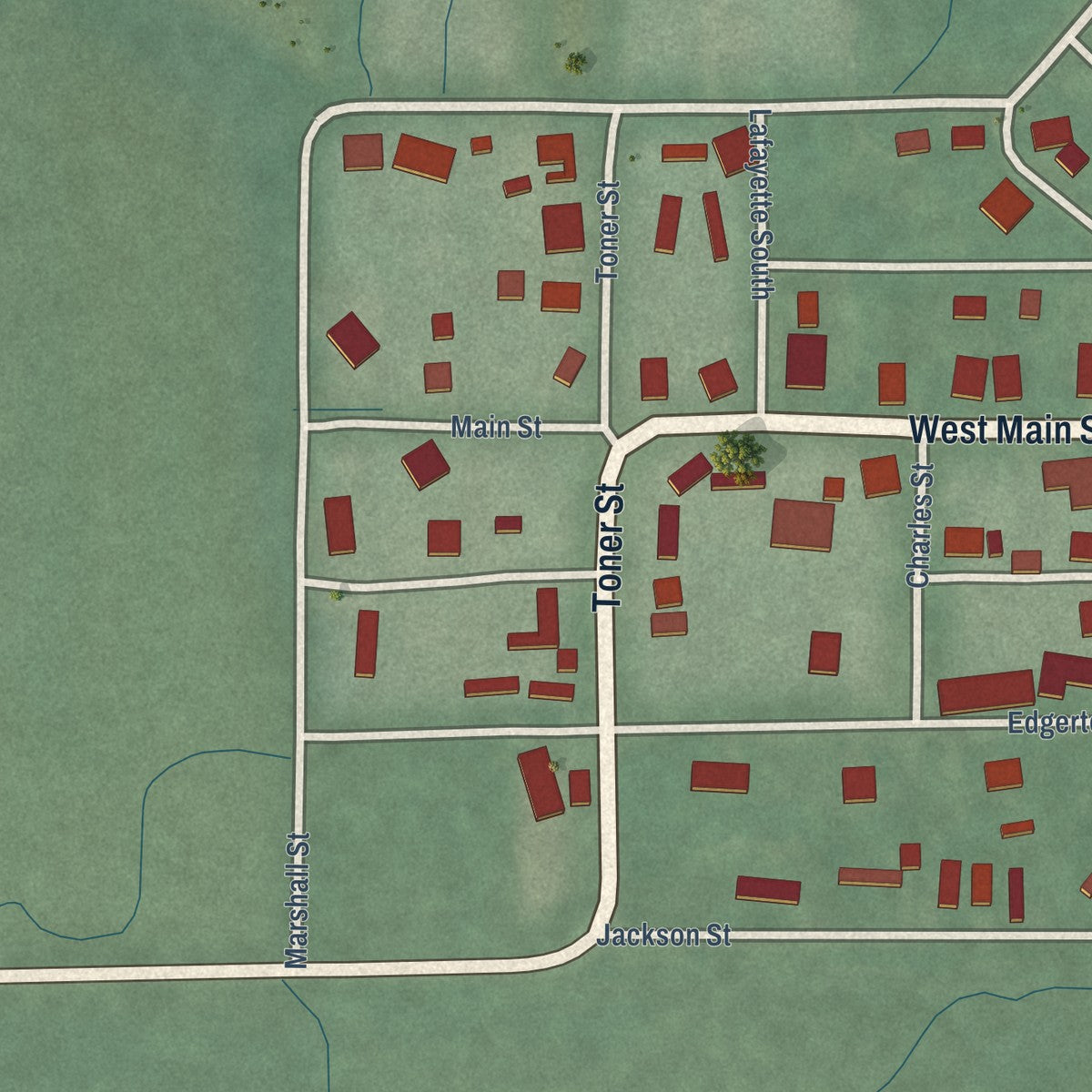 Second close-up of the map of Laurel, Indiana print showing more streets and buildings