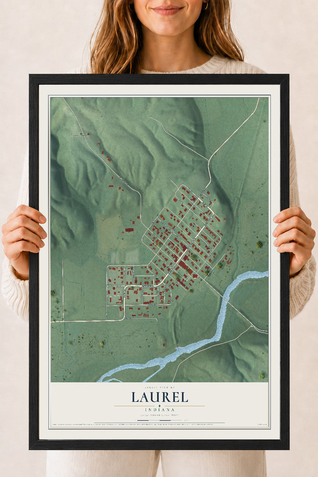 Map of Laurel, Indiana, 18 x 24 inch print in a black wood frame