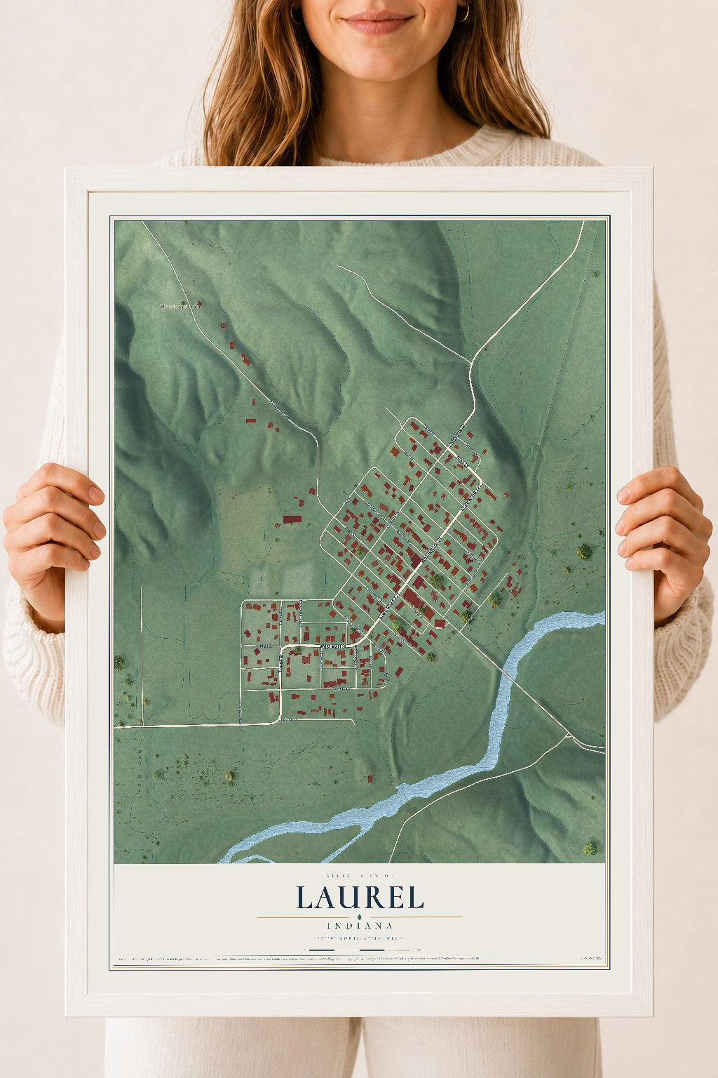 Map of Laurel, Indiana, 18 x 24 inch print in a white wood frame