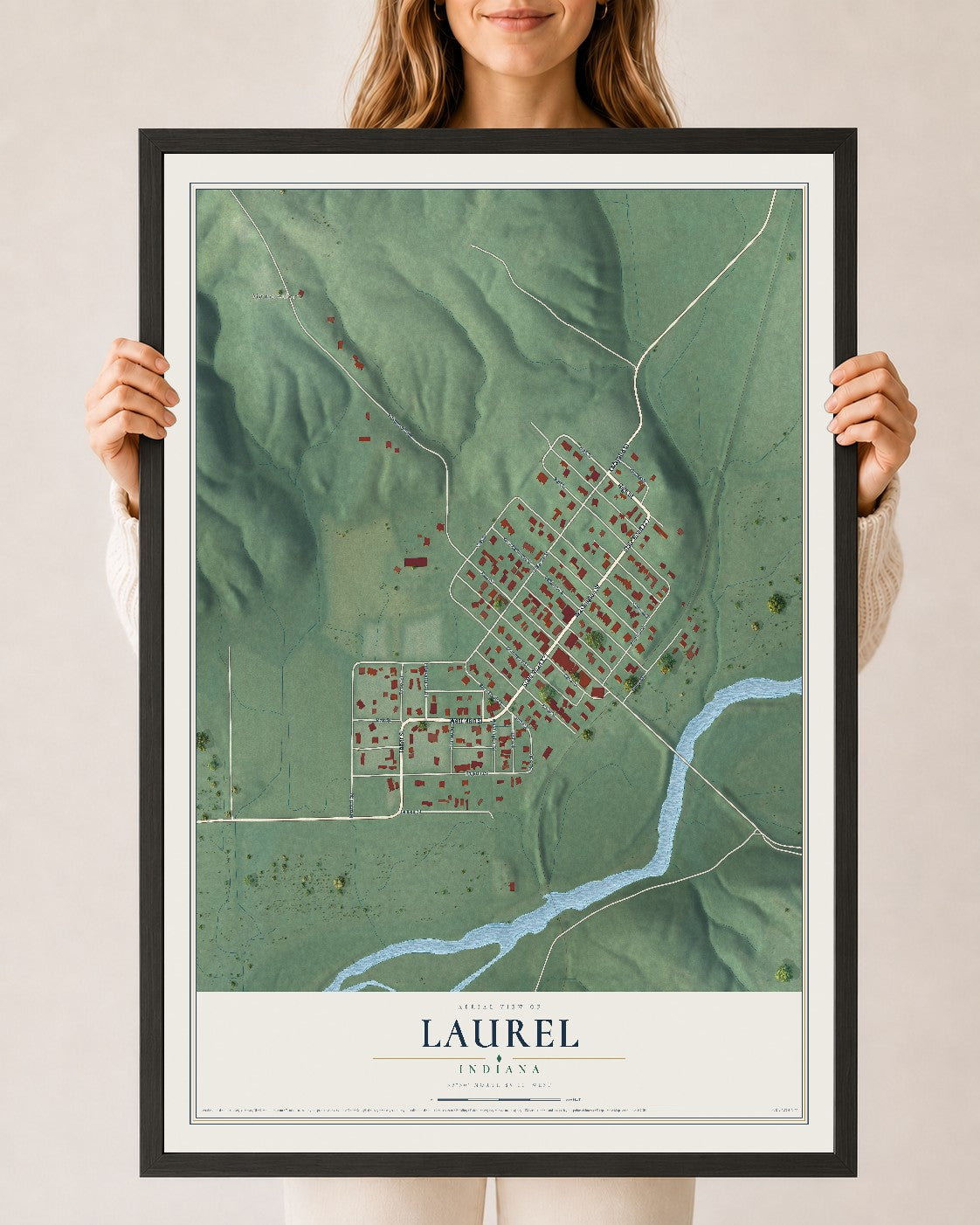 Map of Laurel, Indiana, 24 x 36 inch print in a black wood frame