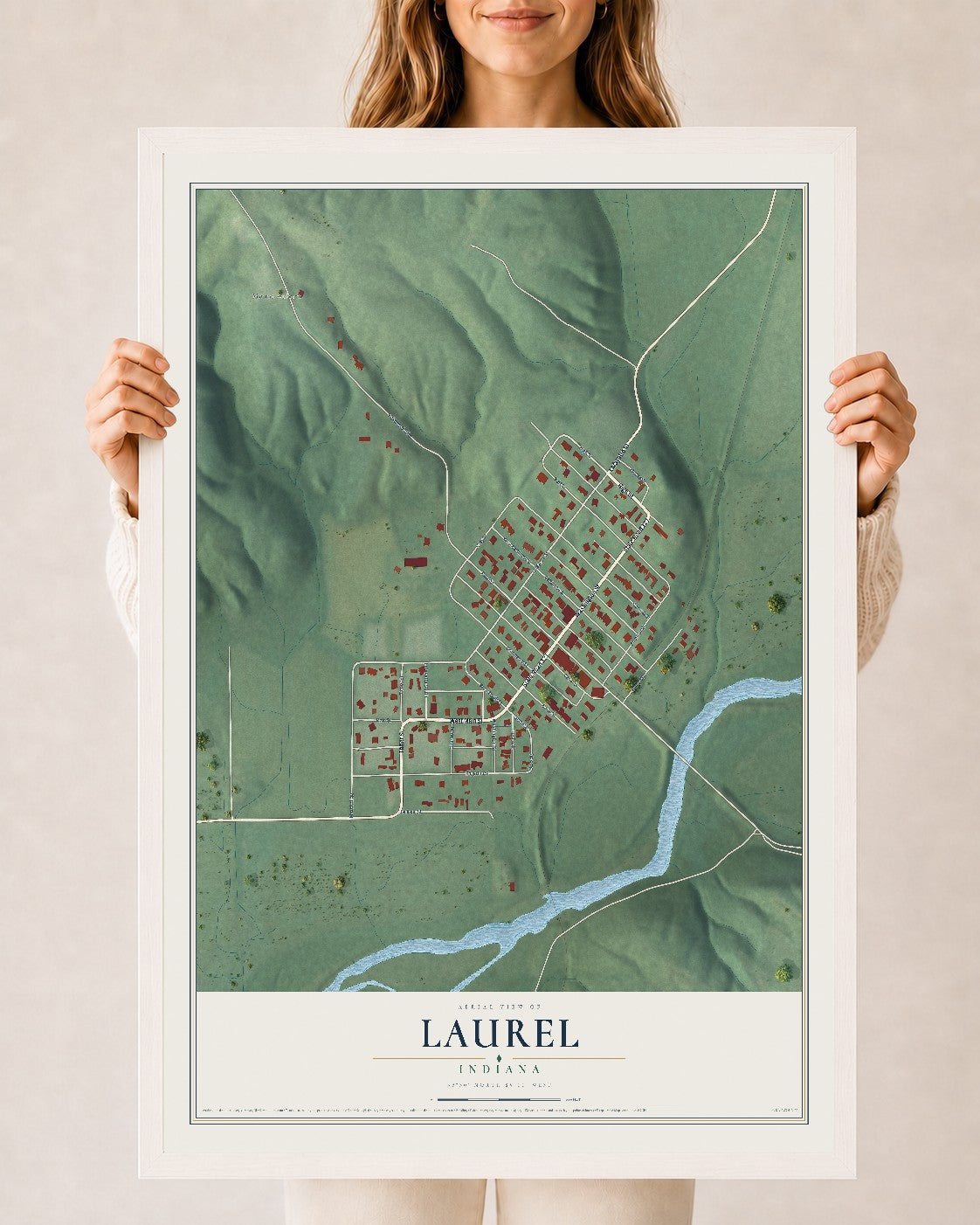 Map of Laurel, Indiana, 24 x 36 inch print in a white wood frame