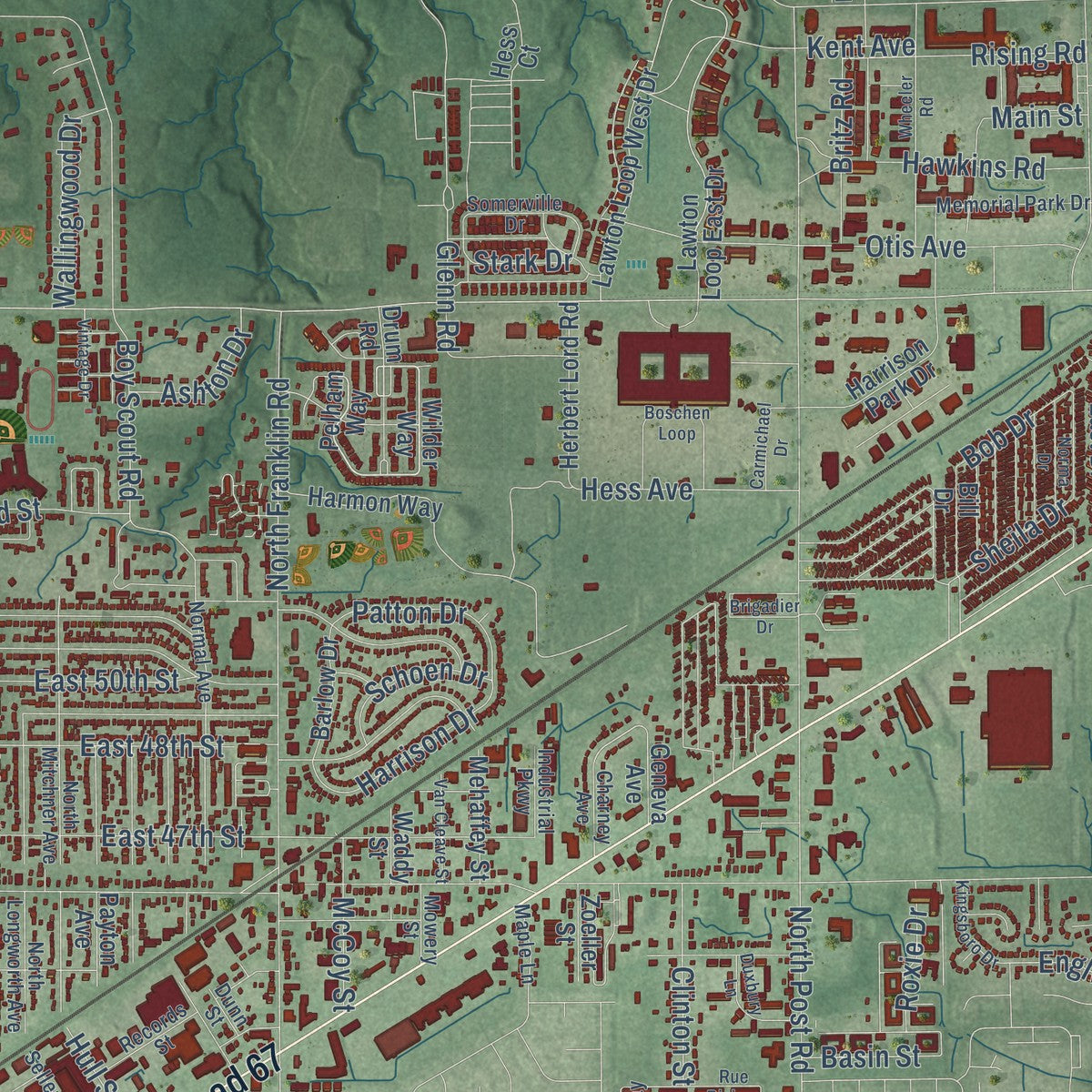 Second close-up of the map of Lawrence, Indiana print showing more streets and buildings