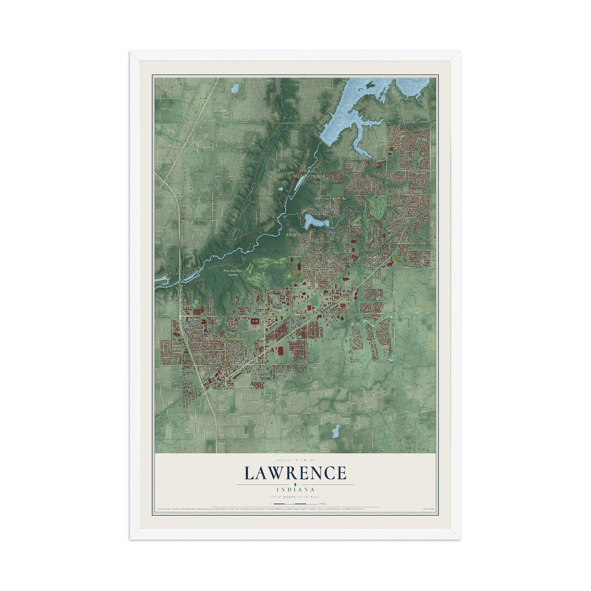 Map of Lawrence, Indiana, 12 x 18 inch print in a white wood frame