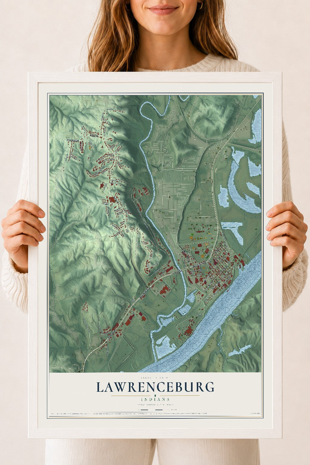 Map of Lawrenceburg, Indiana, 18 x 24 inch print in a white wood frame