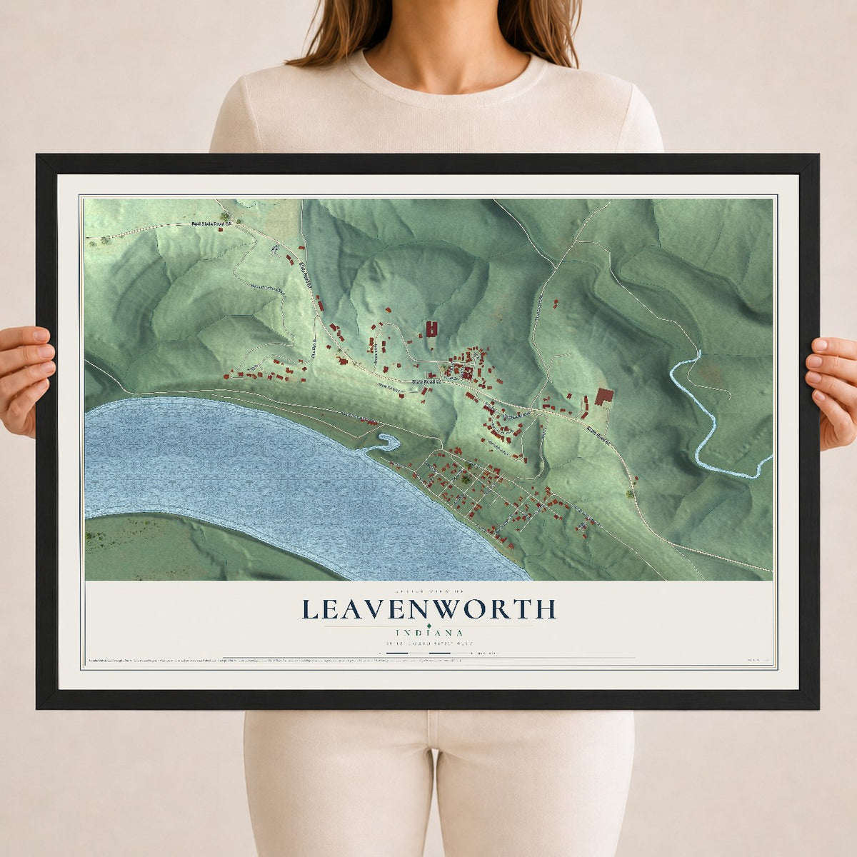 Map of Leavenworth, Indiana, 18 x 24 inch print in a black wood frame