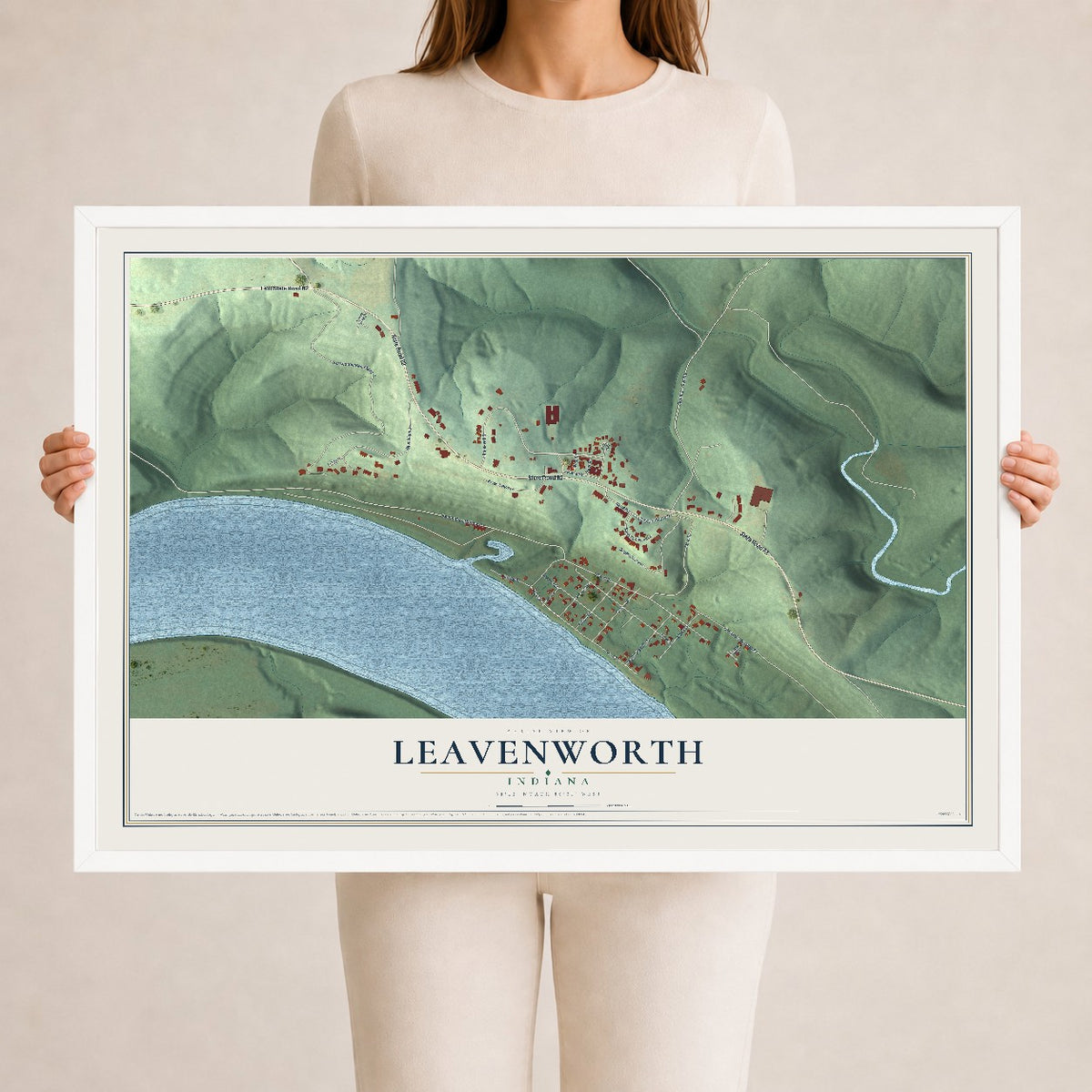 Map of Leavenworth, Indiana, 24 x 36 inch print in a white wood frame