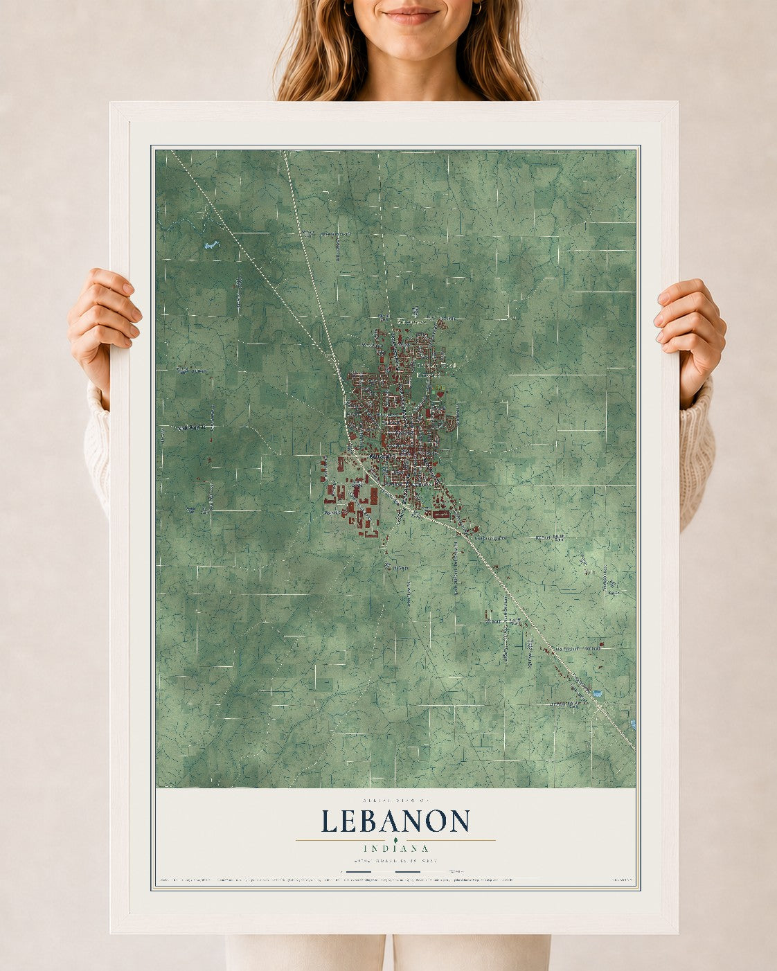 Map of Lebanon, Indiana, 24 x 36 inch print in a white wood frame