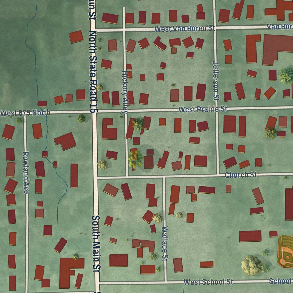 Close-up of the map of Leesburg, Indiana print showing street and building detail