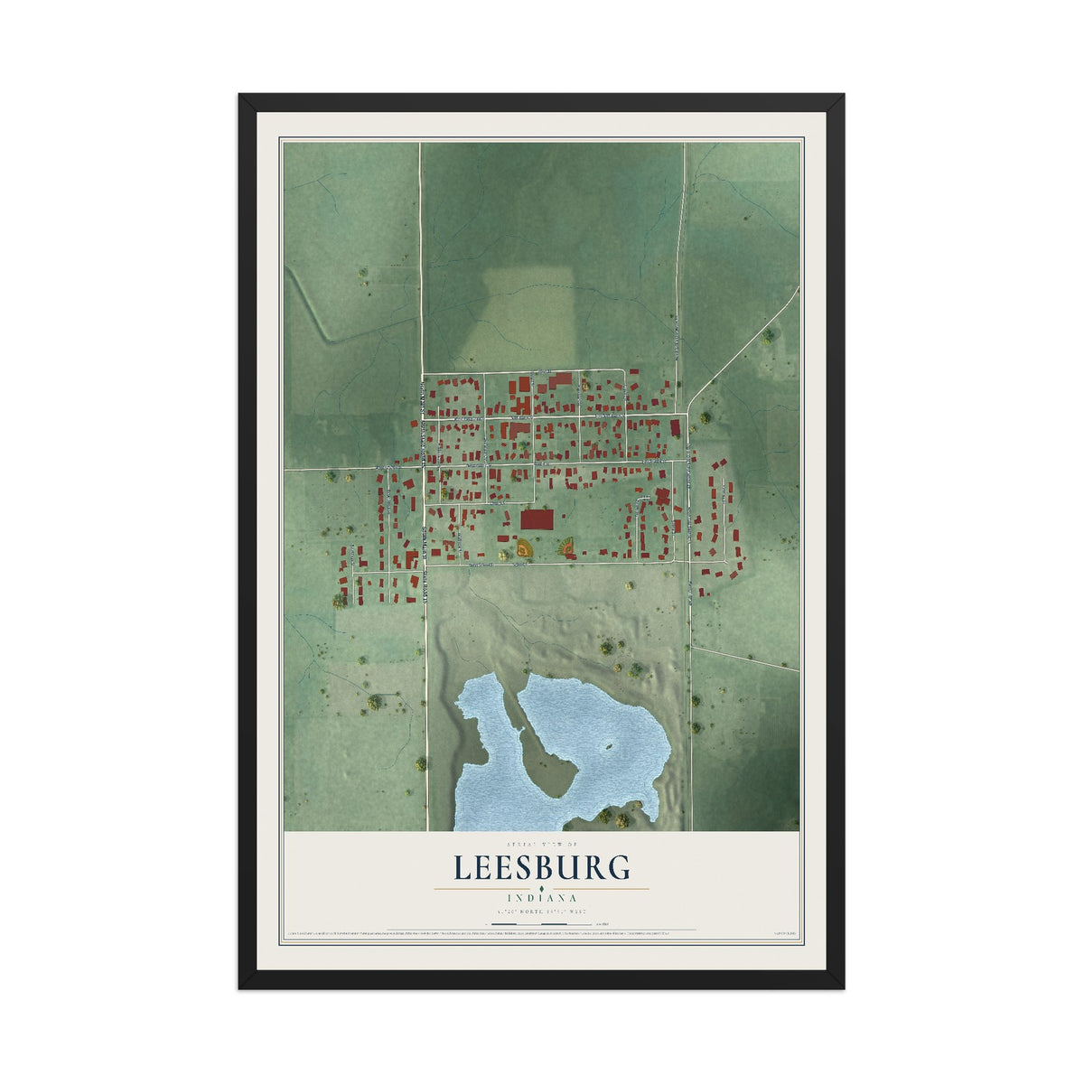 Map of Leesburg, Indiana, 12 x 18 inch print in a black wood frame
