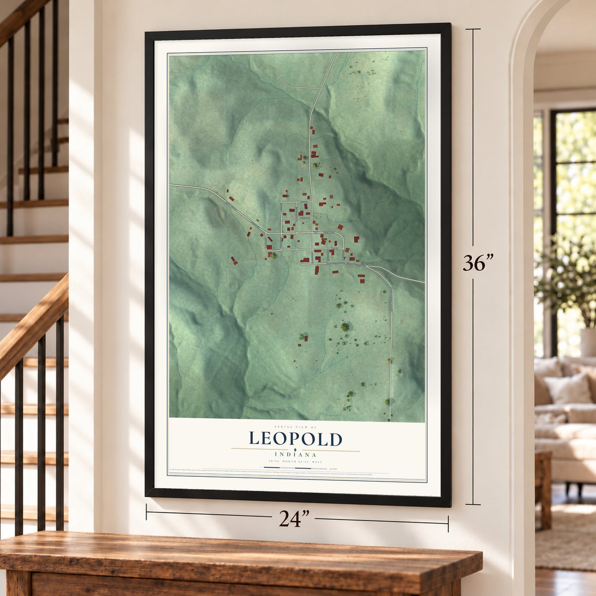 Leopold, Indiana map, 24 x 36 inch print in a black frame by a staircase