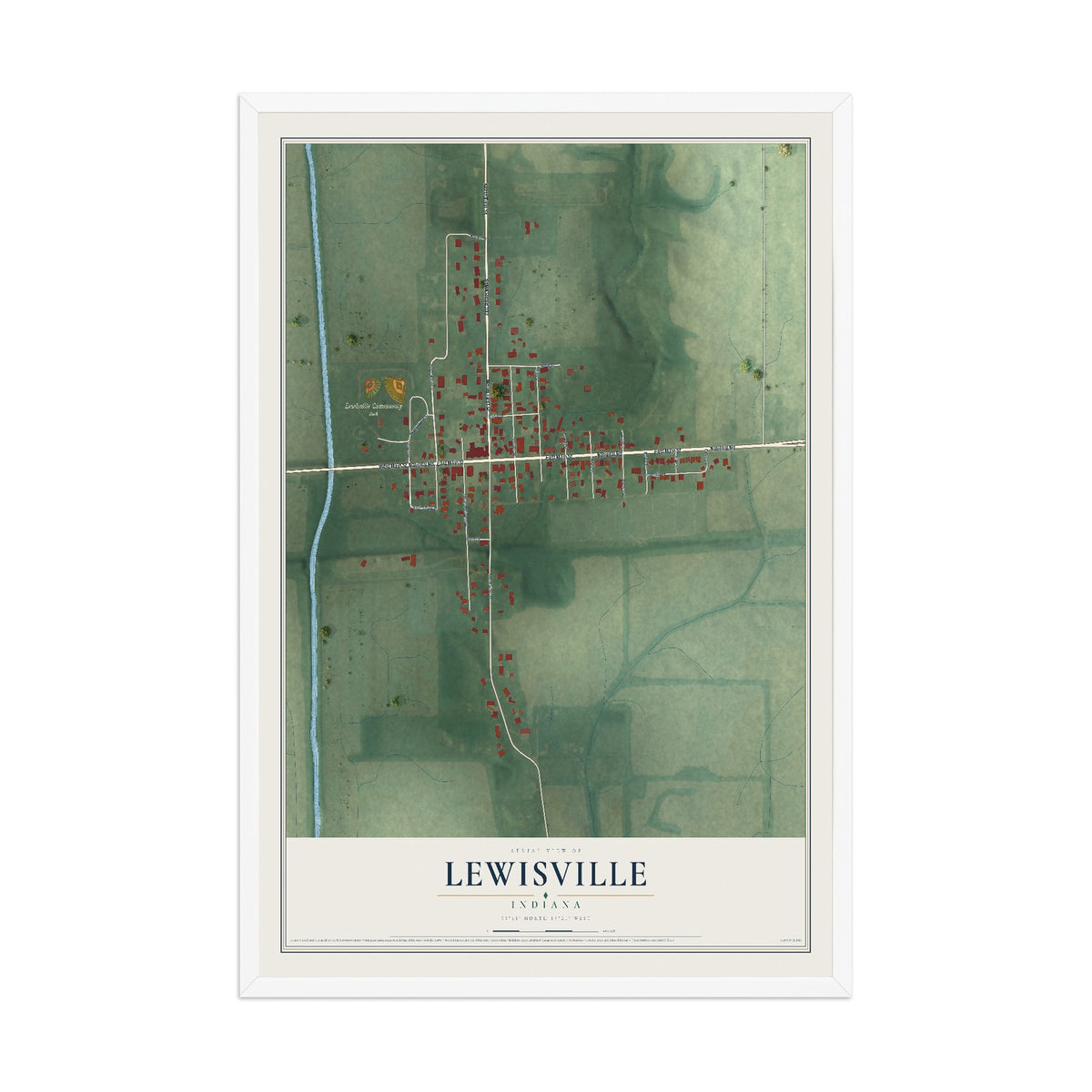 Map of Lewisville, Indiana, 12 x 18 inch print in a white wood frame