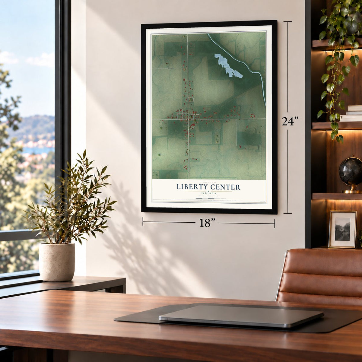 Liberty Center, Indiana map, 18 x 24 inch print in a black frame in a home office