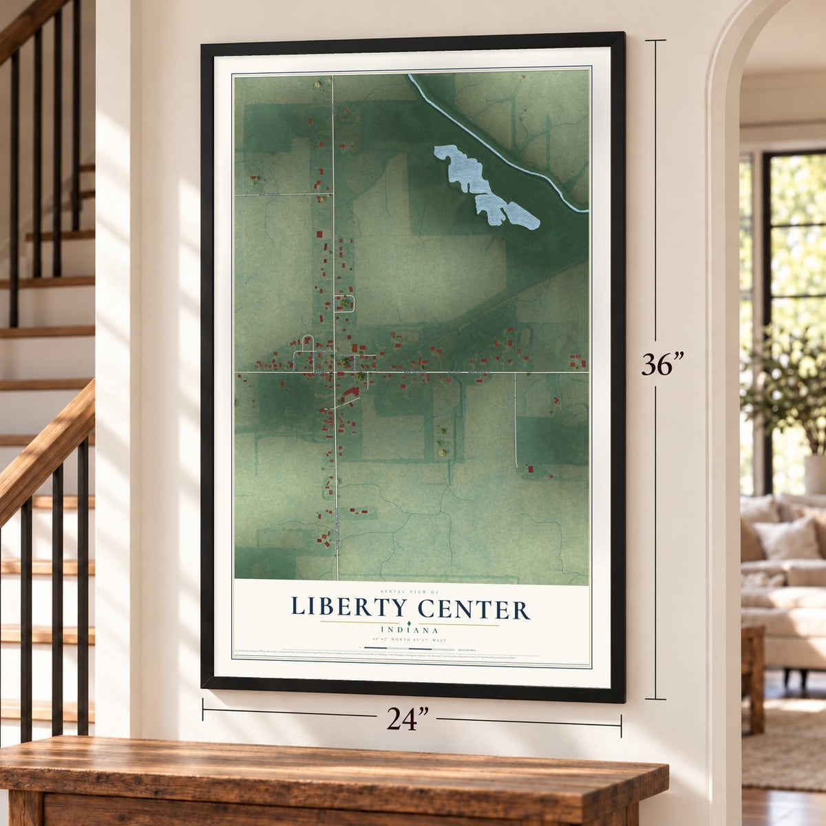 Liberty Center, Indiana map, 24 x 36 inch print in a black frame by a staircase