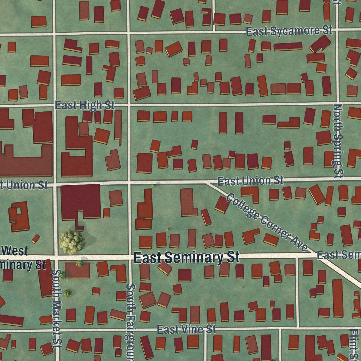 Close-up of the map of Liberty, Indiana print showing street and building detail