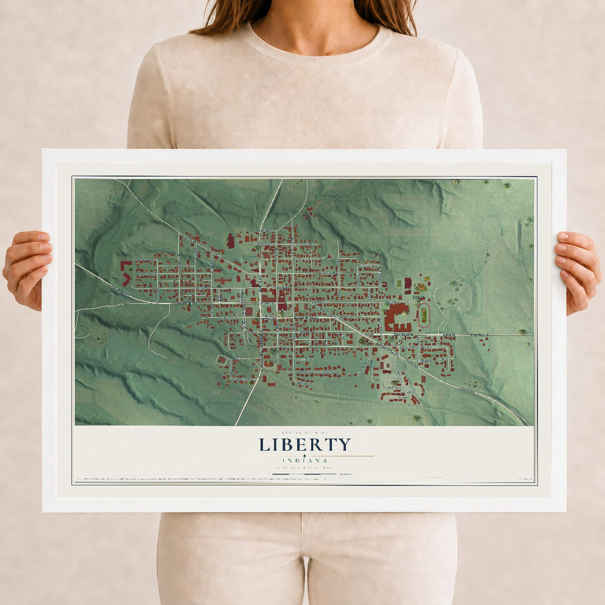 Map of Liberty, Indiana, 12 x 18 inch print in a white wood frame