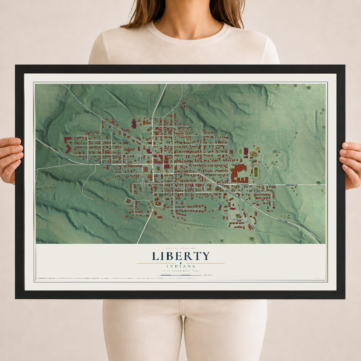 Map of Liberty, Indiana, 18 x 24 inch print in a black wood frame