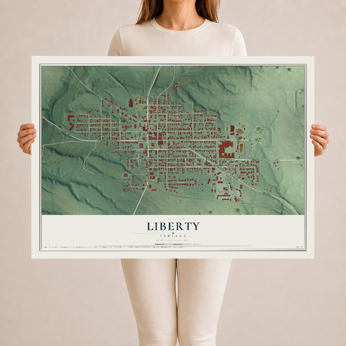 Map of Liberty, Indiana, 24 x 36 inch unframed archival matte print