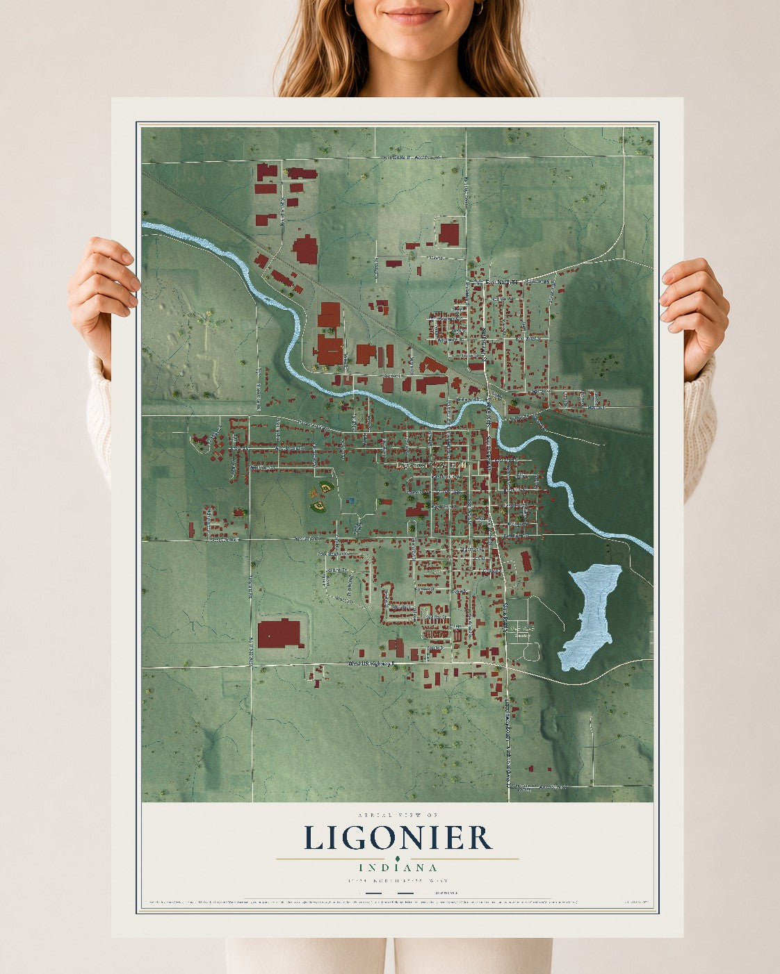 Map of Ligonier, Indiana, 24 x 36 inch unframed archival matte print