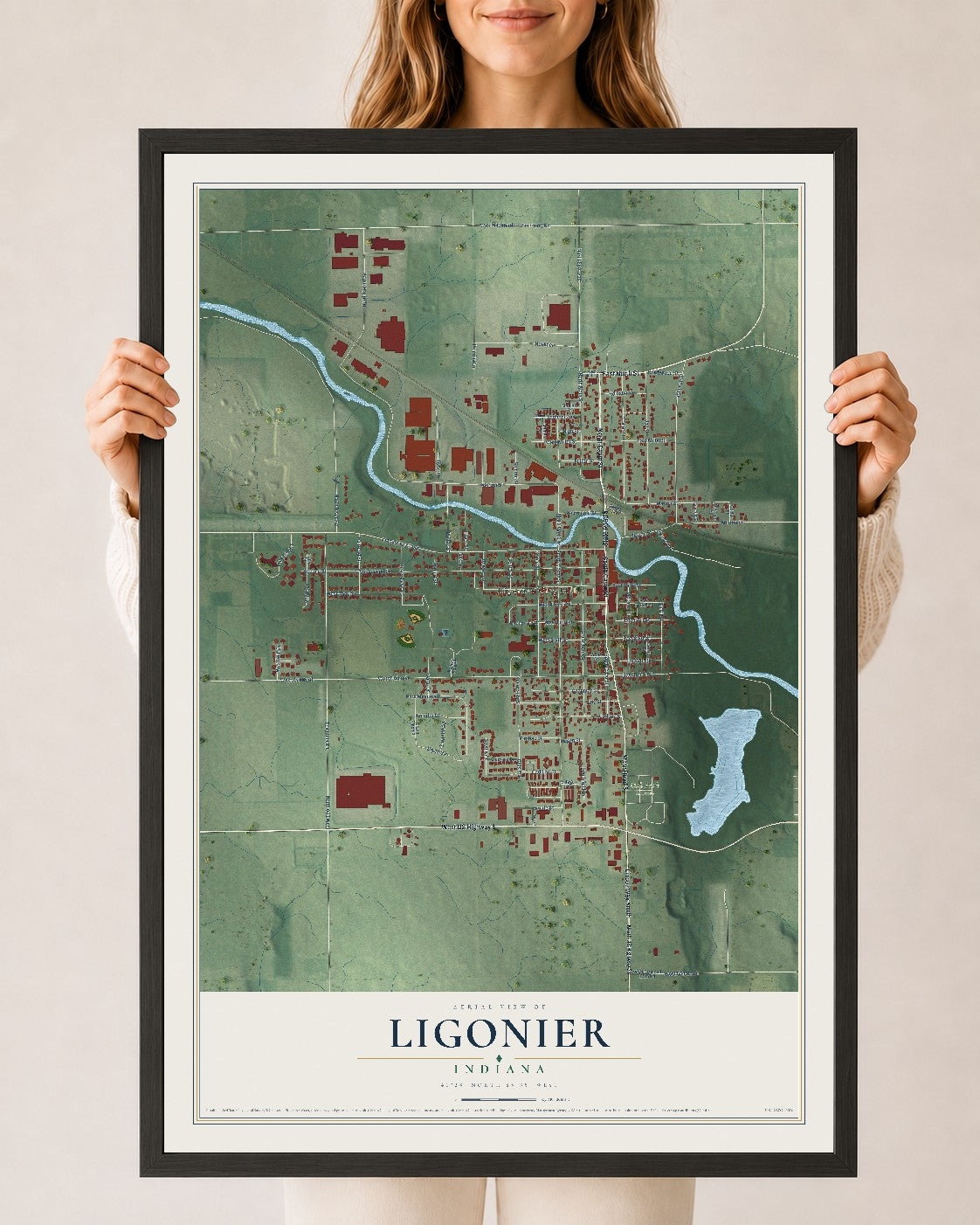 Map of Ligonier, Indiana, 24 x 36 inch print in a black wood frame