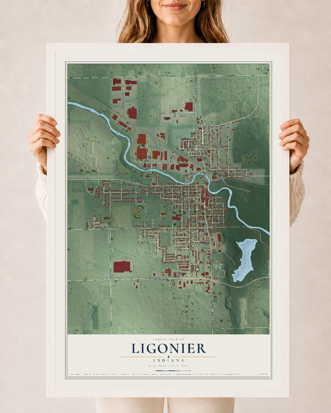Map of Ligonier, Indiana, 24 x 36 inch print in a white wood frame