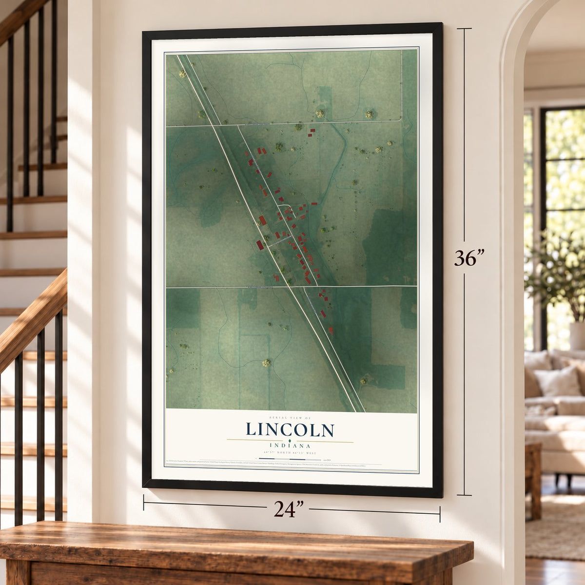 Lincoln, Indiana map, 24 x 36 inch print in a black frame by a staircase