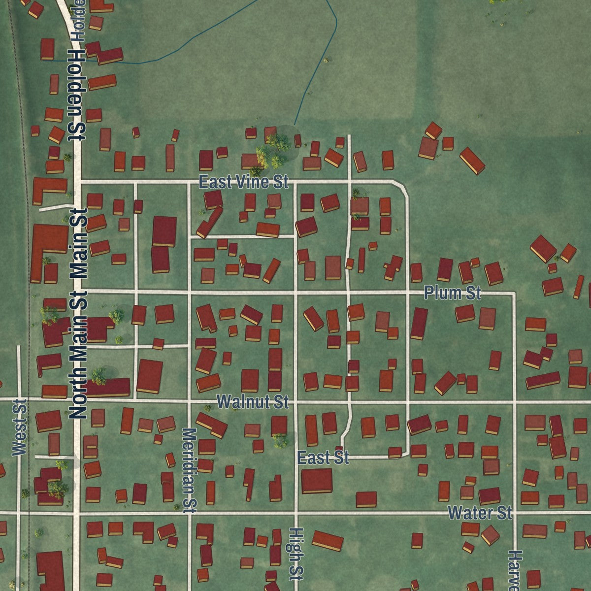 Close-up of the map of Linden, Indiana print showing street and building detail