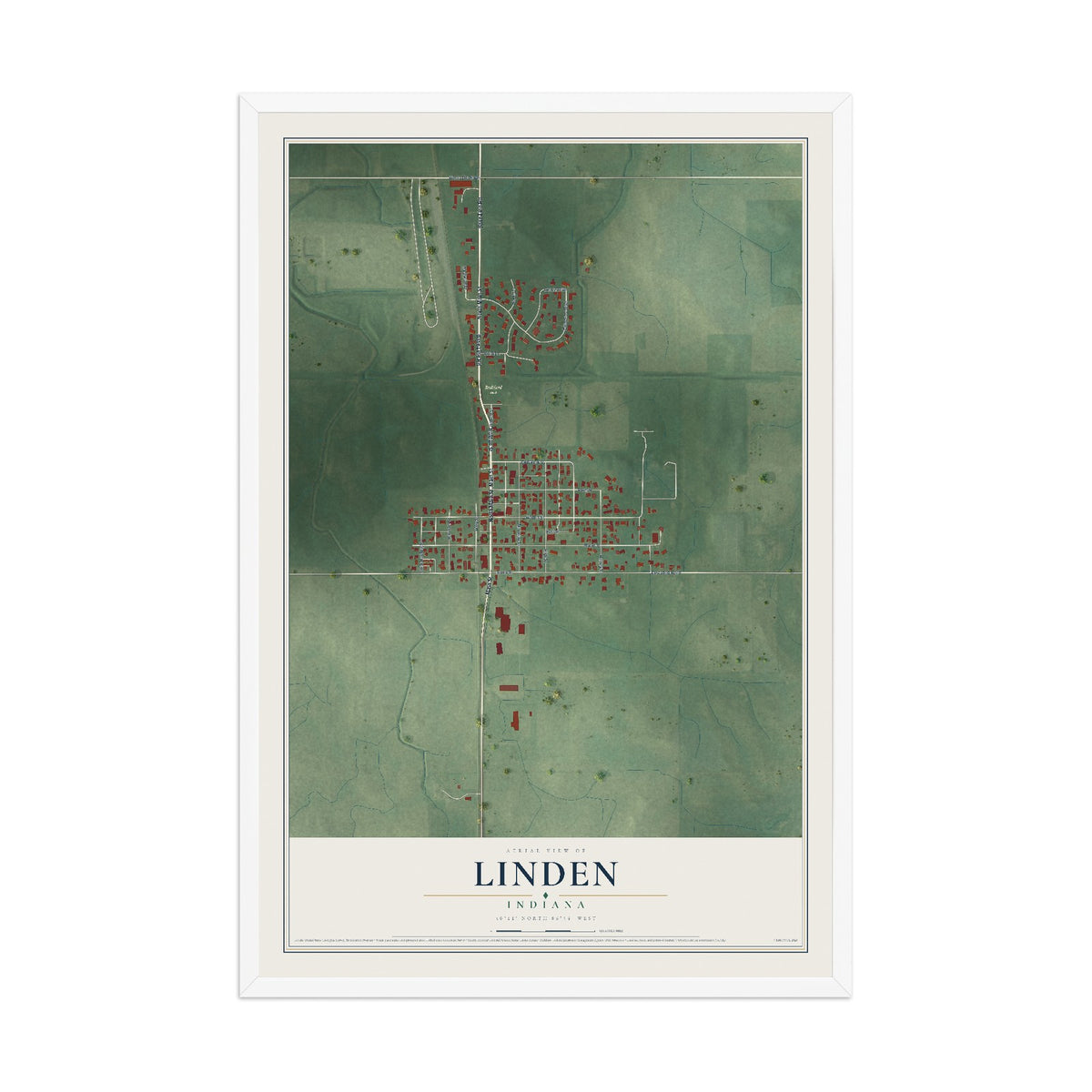 Map of Linden, Indiana, 12 x 18 inch print in a white wood frame