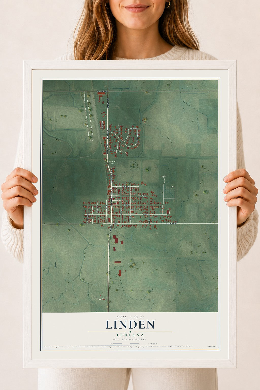 Map of Linden, Indiana, 18 x 24 inch print in a white wood frame