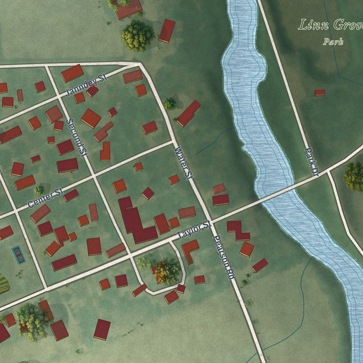 Close-up of the map of Linn Grove, Indiana print showing street and building detail