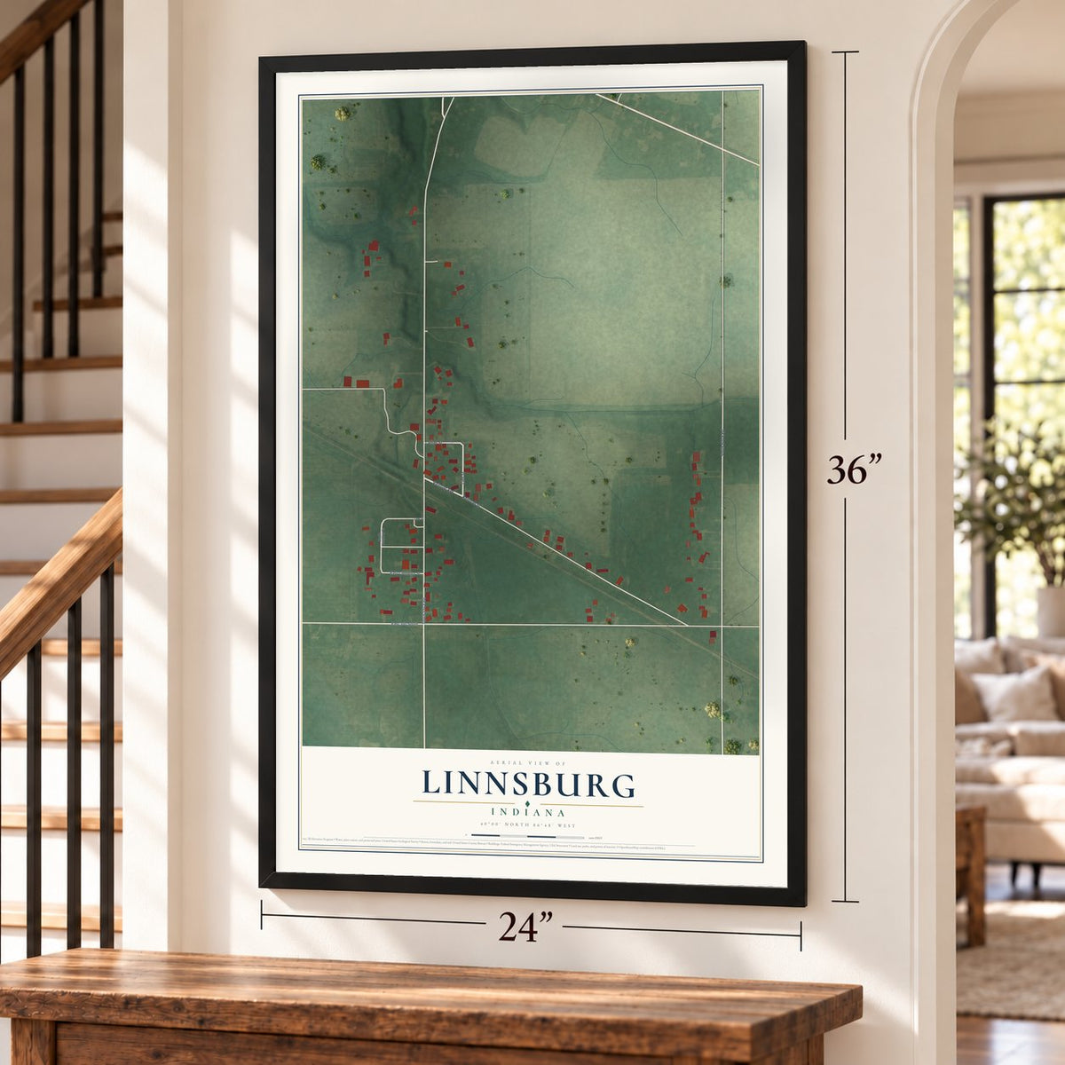 Linnsburg, Indiana map, 24 x 36 inch print in a black frame by a staircase