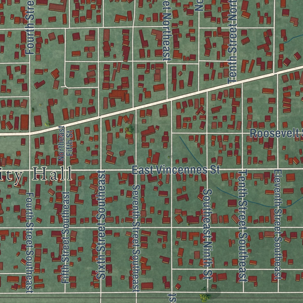 Close-up of the map of Linton, Indiana print showing street and building detail