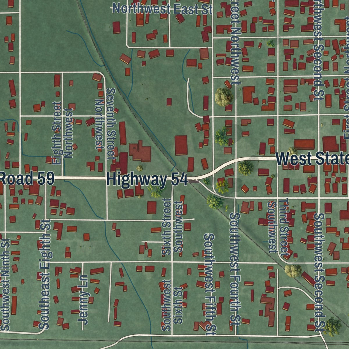 Second close-up of the map of Linton, Indiana print showing more streets and buildings