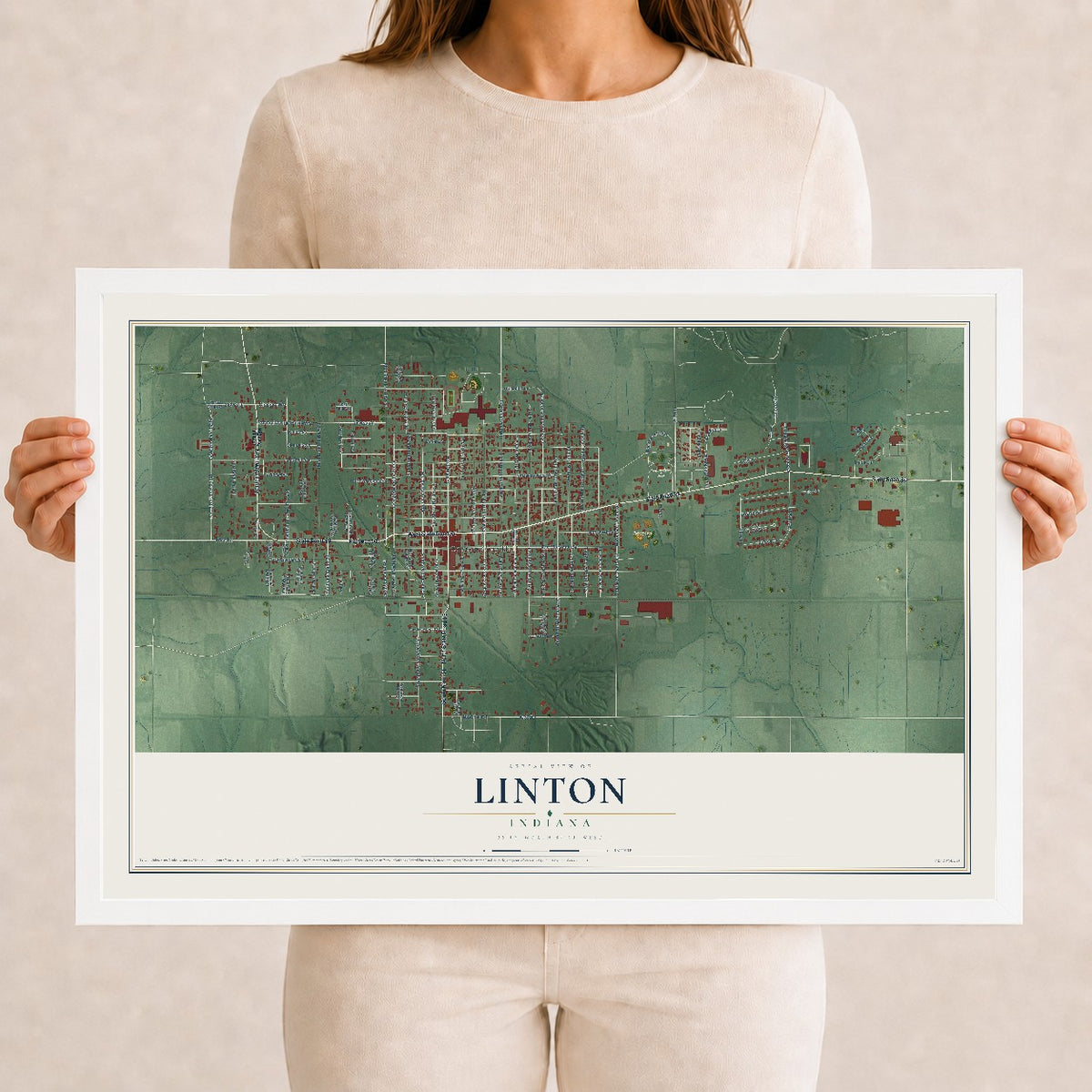 Map of Linton, Indiana, 12 x 18 inch print in a white wood frame