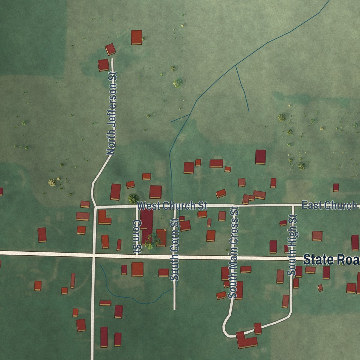 Close-up of the map of Livonia, Indiana print showing street and building detail