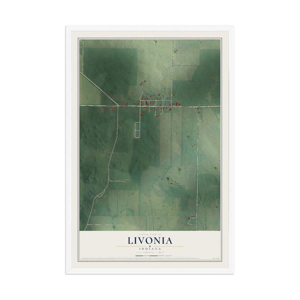 Map of Livonia, Indiana, 12 x 18 inch print in a white wood frame
