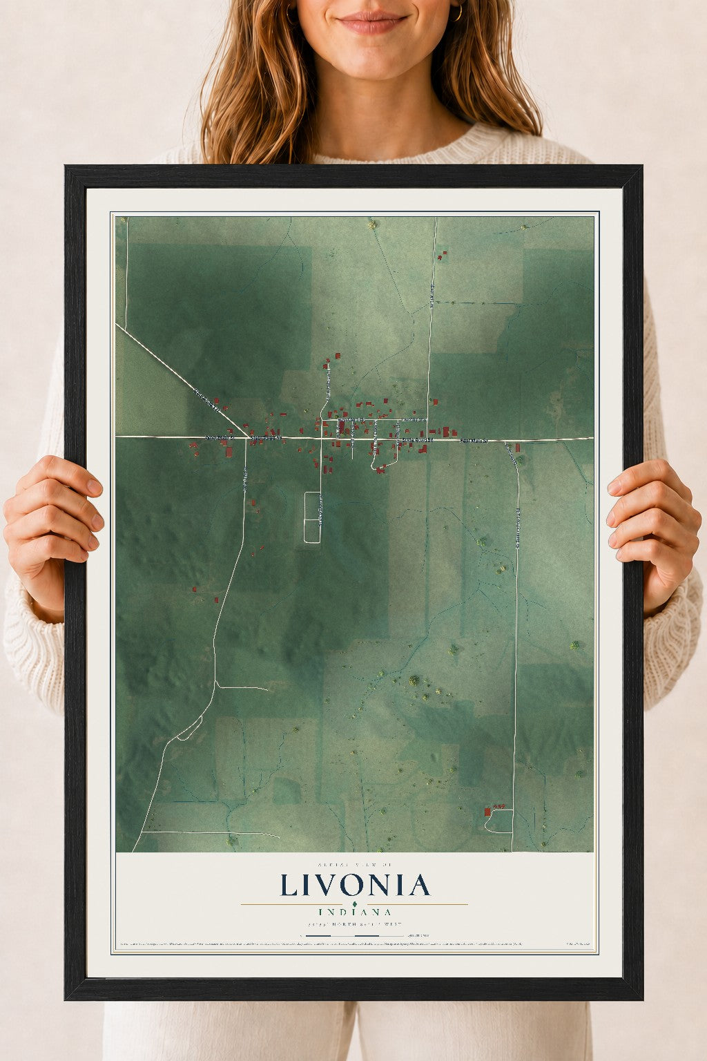 Map of Livonia, Indiana, 18 x 24 inch print in a black wood frame