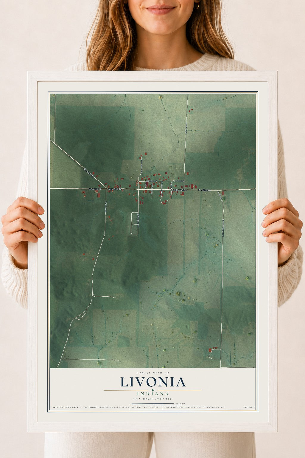 Map of Livonia, Indiana, 18 x 24 inch print in a white wood frame