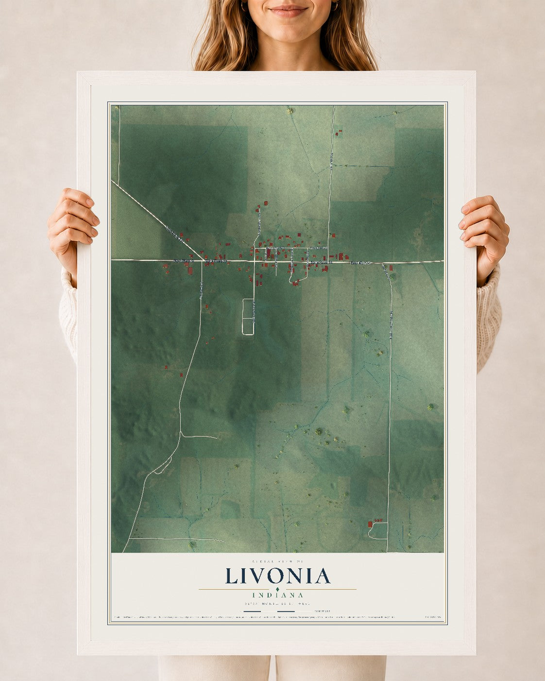 Map of Livonia, Indiana, 24 x 36 inch print in a white wood frame