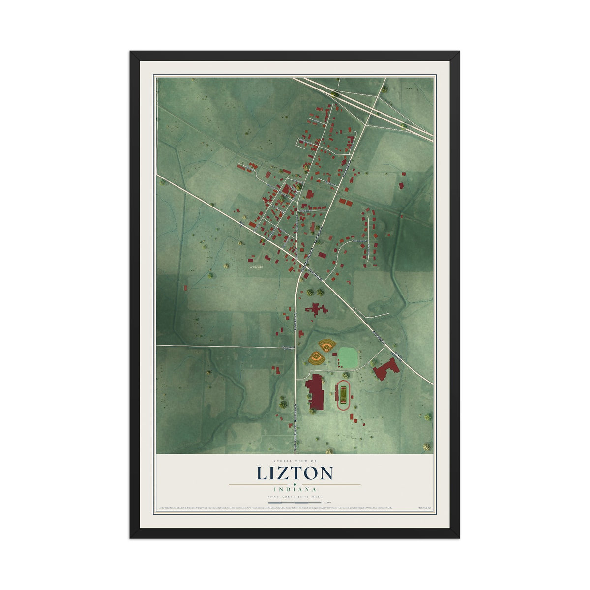 Map of Lizton, Indiana, 12 x 18 inch print in a black wood frame